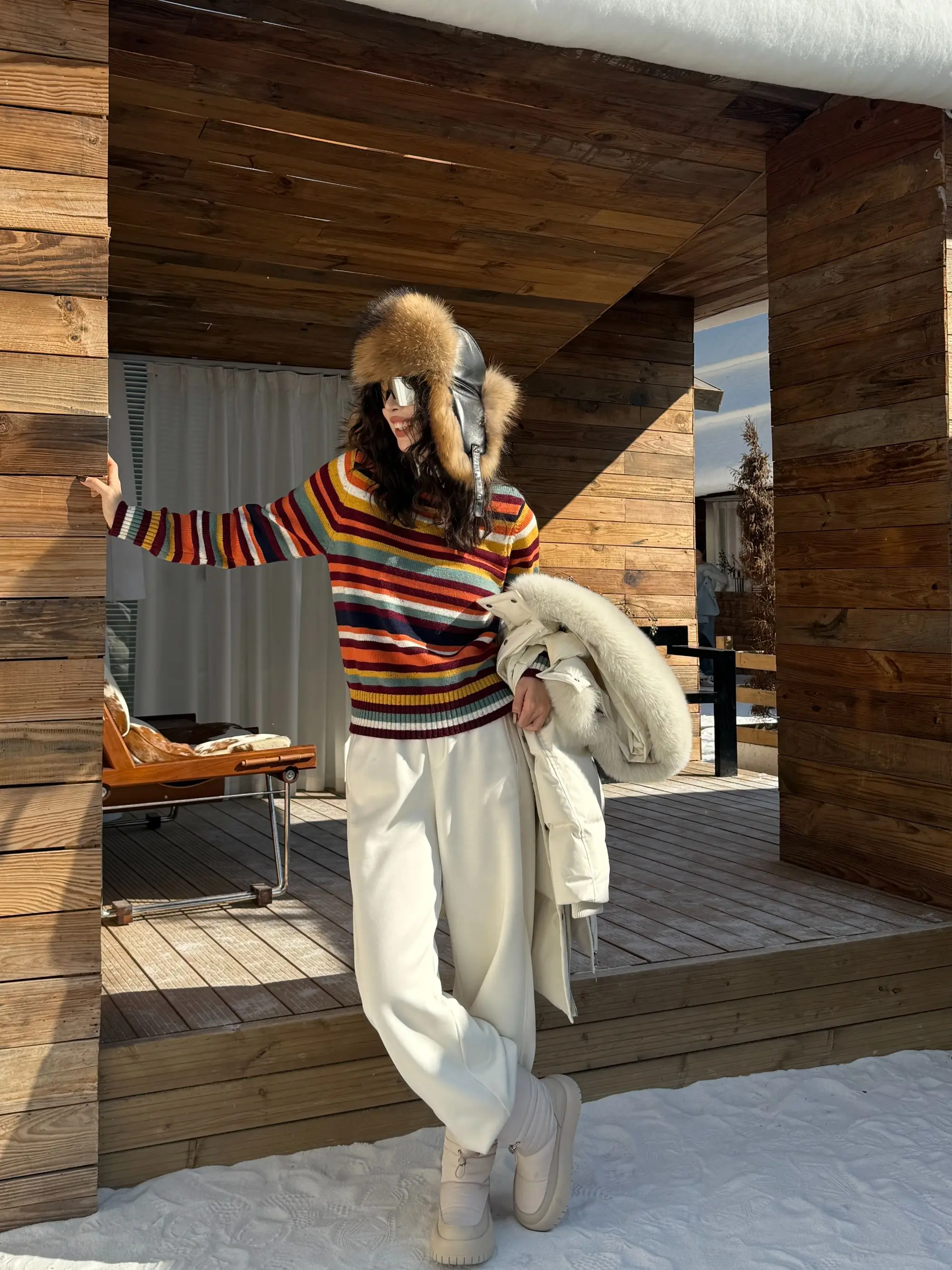 

Вязаный шерстяной свитер Nana Tall DMX с винтажными радужными полосками, осенне-зимний теплый базовый топ C27055, женская модная повседневная одежда S...