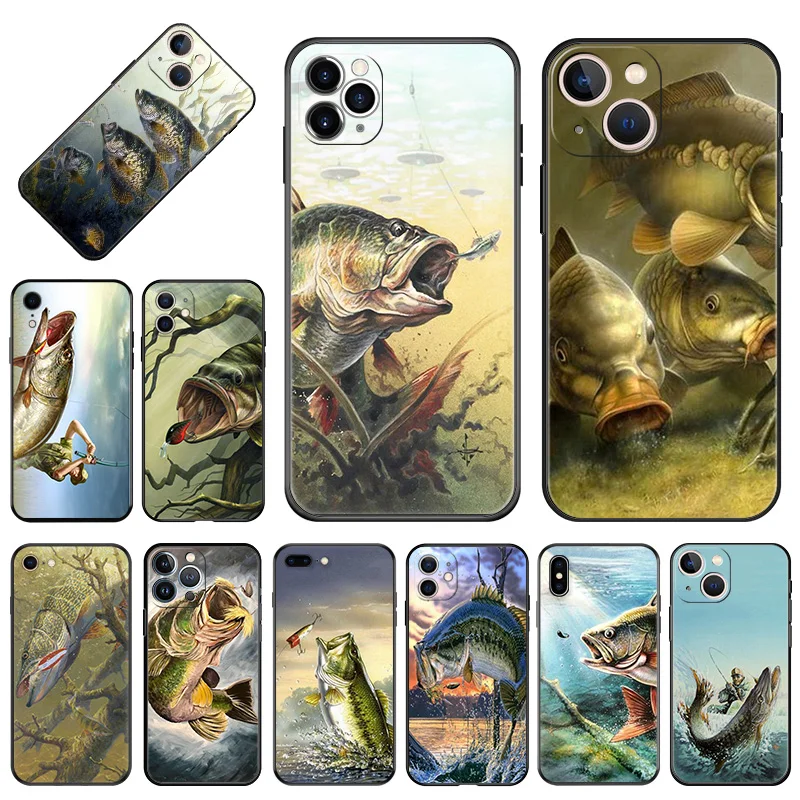 Soft Phone Cases For iPhone 15Pro 14 13 Pro Max 12 11 Mini 7 8 15 Plus SE XS XR Luxury River Carp Fishing Art Black Matte Cover