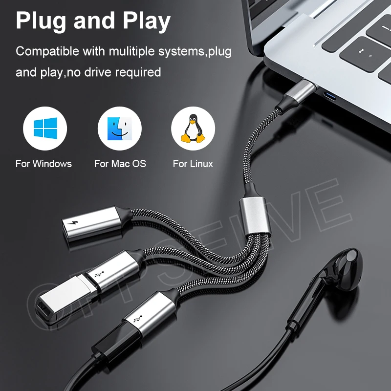 USB Type C To Dual Type-C OTG Adapter PD 60W Dock HUB 3 in 1 Charging Data Cable For Macbook Samsung Huawei Xiaomi Laptop Tablet