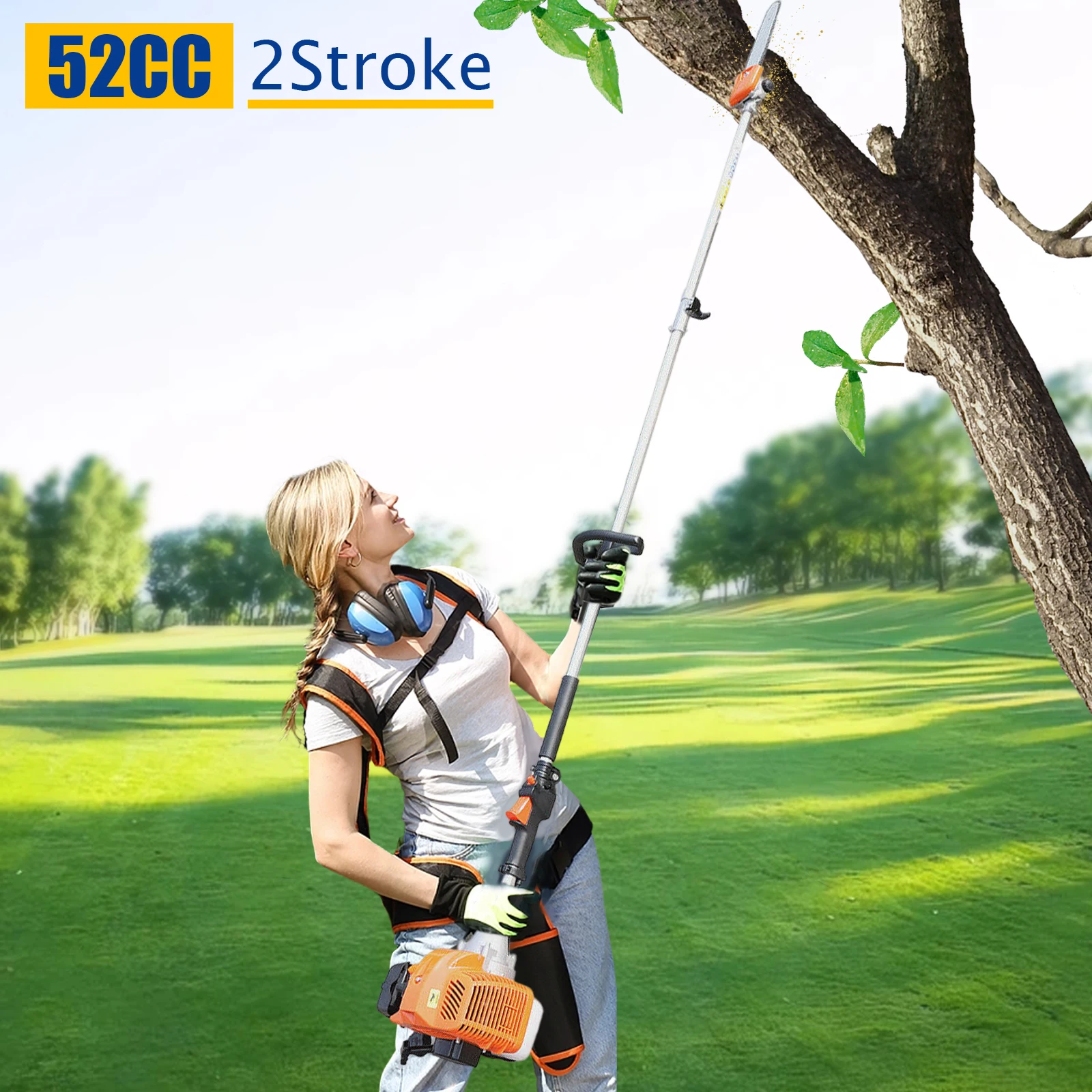 52cc Pole Saw Gas Powered W/Extension Pole & Back Strap, 2 Stroke Gas Pole Chain Saw Cordless Tree Pruner