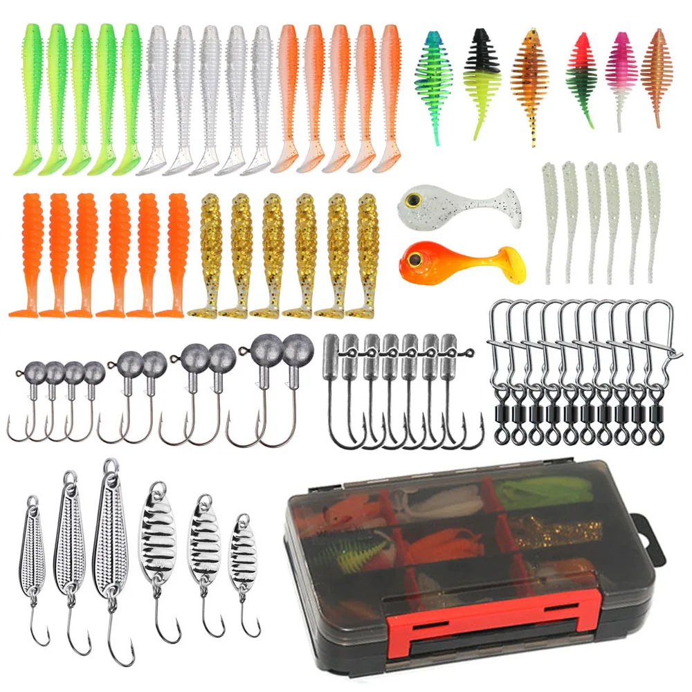 

74pcs Fishing Lures Kit Soft Plastic Lure Grubs Swimbait Jig Heads Metal Spoons Trout Lure Tackle Box Set for Bass Pike