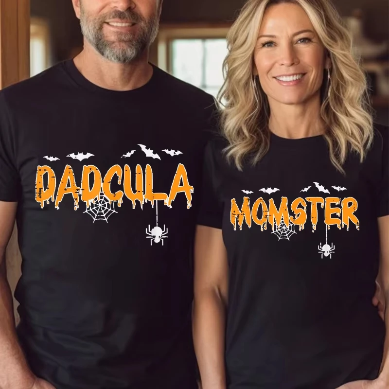 Mom Dad Print Matching Halloween Couple T-shirts Vintage Short Sleeve Women Men Spooky Season Halloween Tshirts Tops