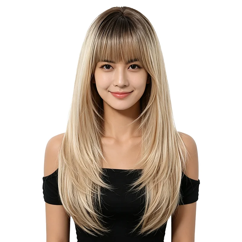 Long Straight Layered Ombre Blonde Wig with Air Bangs Dark Roots Women Synthetic Hair Heat Resistant Daily Party Cosplay Wear