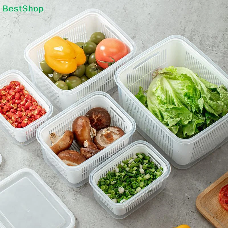 2-in-1 Drain & Fresh-Keeping Box Double-Layer Crisper Box Kitchen Food Storage Containers With Drain Baskets And Lids
