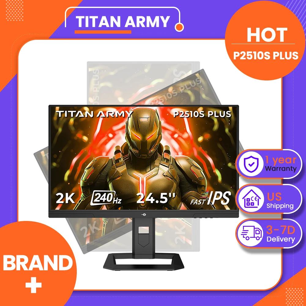 TITAN ARMY P2510S PLUS 24.5 inch Gaming Monitor, 2560*1440 16:9 Fast IPS Screen, 240Hz Refresh Rate, HDR500, 123% SRGB, Adaptive-Sync, Dynamic OD, Game+ Assist, 12 Scenario Modes, PIP & PBP Display, Low Blue Light, Height-adjustable Swivel Stand