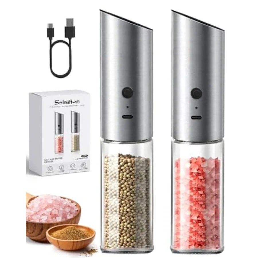

USB Rechargeable Stainless Steel Salt and Pepper Grinder Set with Large Ccity Tall Glass LED Light Adjustable Coarseness Black