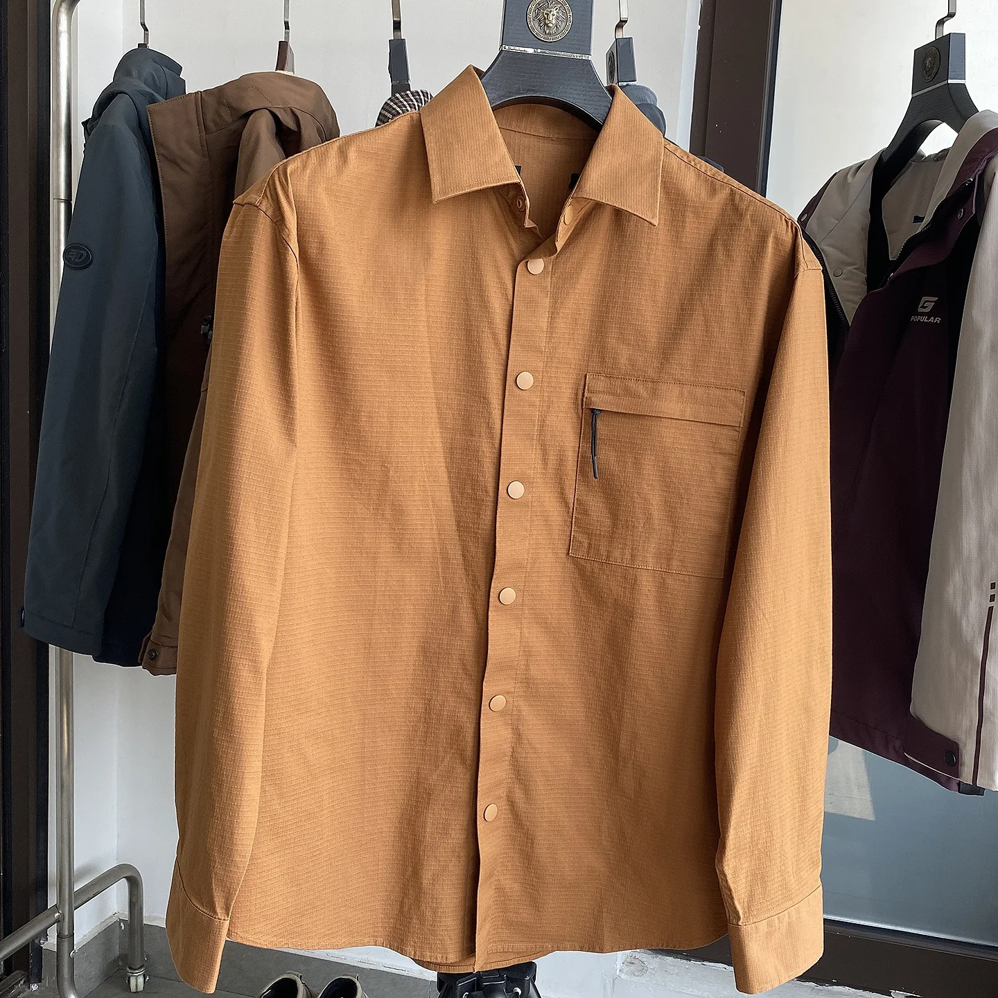 

Men's Casual Outdoor Long Sve irt Jaet 98 Cotton Qui Dry Workwear Che Texture Loose Fit Breathable Youth Faion