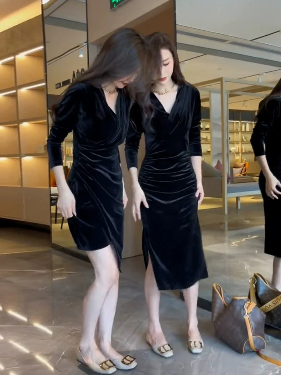 

Ele Bla Velvet Dr Hepburn Sle for Year End Par High Waist Long Sve mid Length Polyester Fiber Adult Ceremony