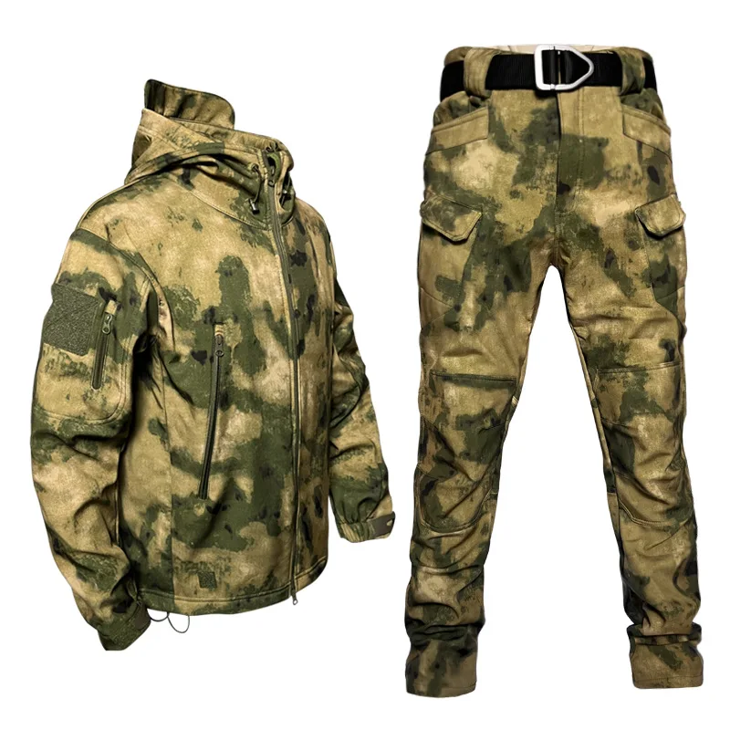 Neue Soft shell Männer wasserdicht taktisch 2 Stück Set Haifisch haut wind dichte Kapuzen jacke Multi-Taschen Cargo hose Uniformen Anzug