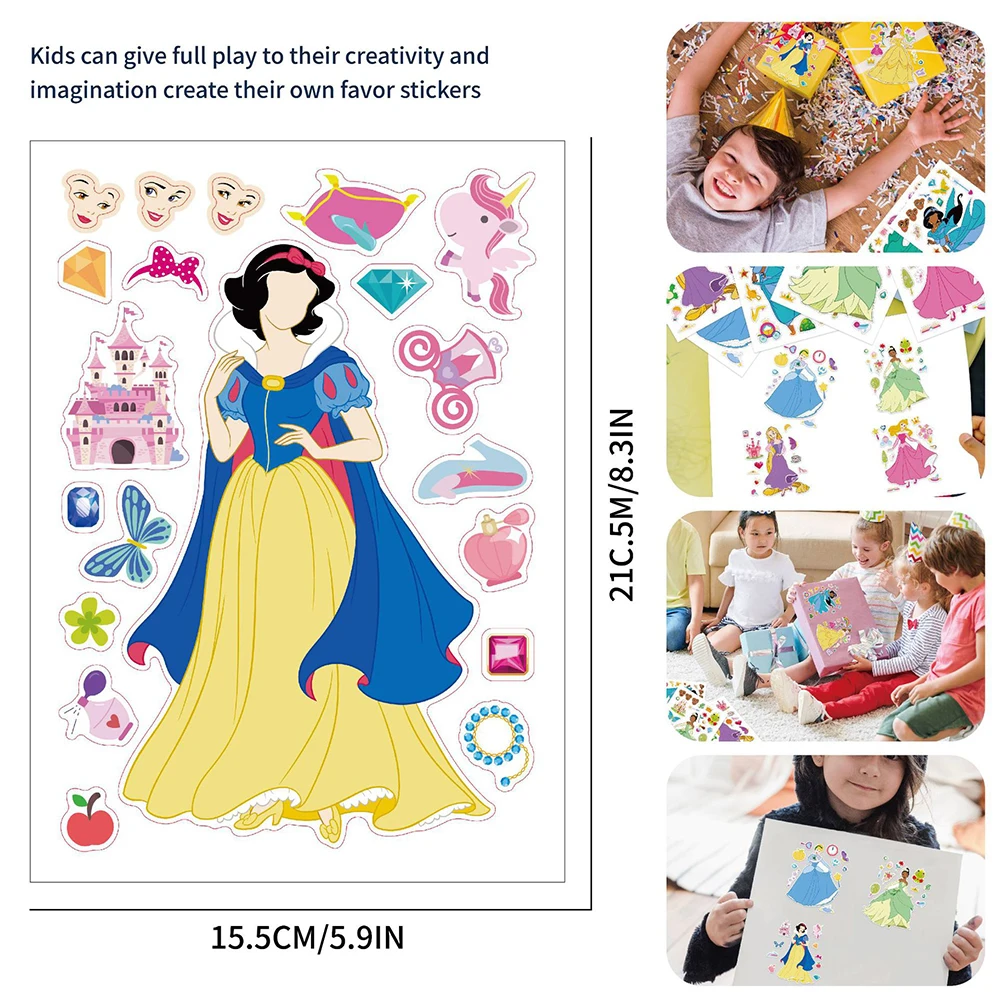 8/16 fogli crea i tuoi adesivi Puzzle Disney Princess gioco per bambini Make-a-Face assemblare Jigsaw giocattoli fai da te regalo per feste per ragazze