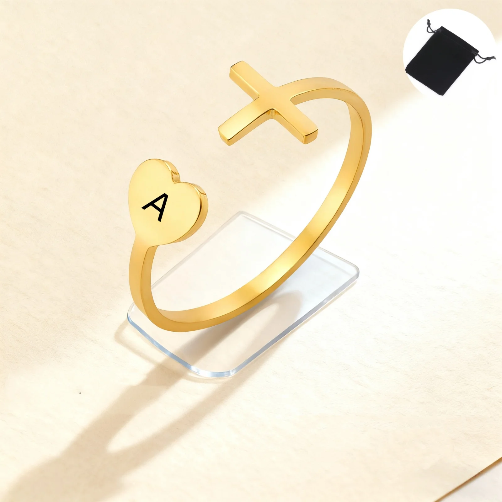 Personalisierter Damenring mit Initialen und Herzform, offener Kreuzring aus Edelstahl, modischer Kreuz-Paarring, Valentinstagsgeschenk