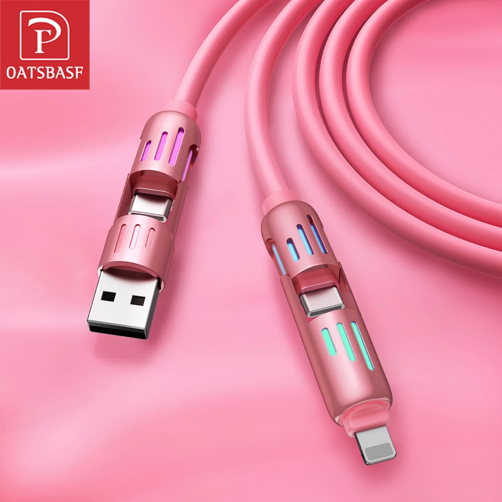 

Oatsbasf 4 in 1 Fast Charging Cable 240W Type-C Lightning USB A Cable 480Mbps Data Transmission Silicone Cable w/ 7-Color Light