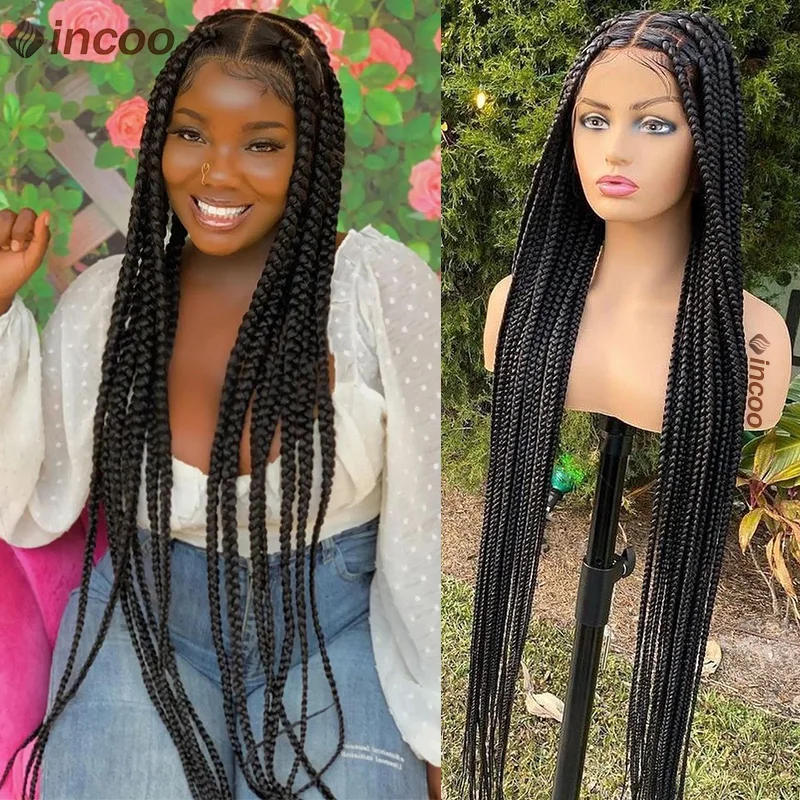 Trecce Jumbo Cornrow parrucche intrecciate in pizzo pieno per le donne nere parrucca anteriore in pizzo sintetico parrucca con trecce quadrate grandi senza nodi 36 pollici