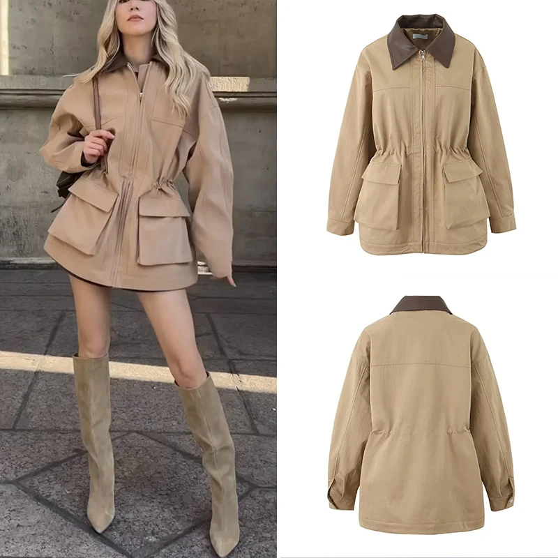 

Z Women's Autumn Winter Long Zipper Collar Workwear Sle Windbreaker Coat Medium Length Sve Regular Fit Polyester