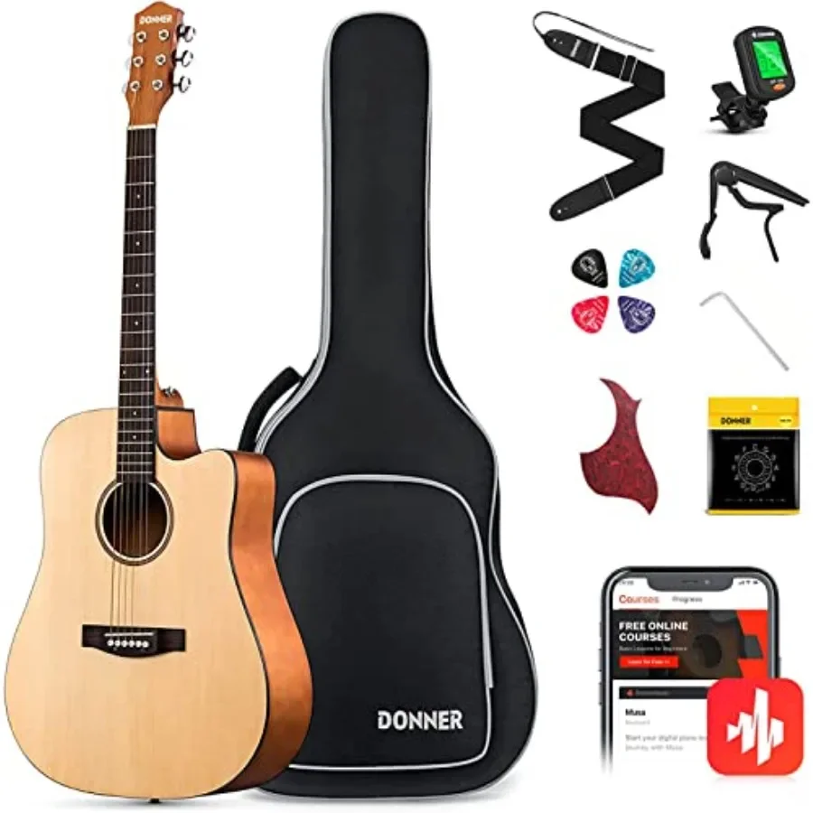 

Acoustic Guitar Kit for Beginners Adult Teen - Full Size 41'' Cutaway Natural Wood Starter Bundle with Online Lesson, Gig Bag,