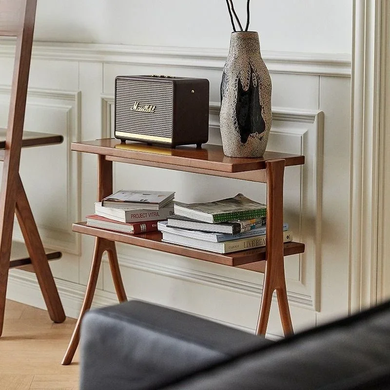 Nordic solid wood bookshelf, household living room sofa storage edge, small apartment homestay ins medieval storage rack