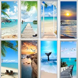 Sea View Beach 3D Door Mural Sticker Self Adhesive PVC Blue Sky Summer Landscape Door Sticker Wallpaper Fridge Full Door Cover