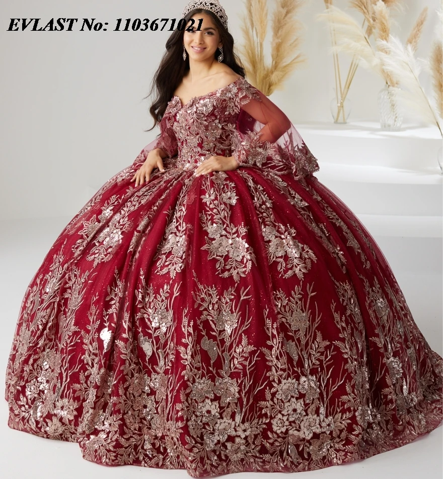 EVLAST Shiny Pink Quinceanera Dress Ball Gown Off Shoulder 3D Floral Applique Beads With Cape Sweet 16 Vestidos De XV Anos SQ334