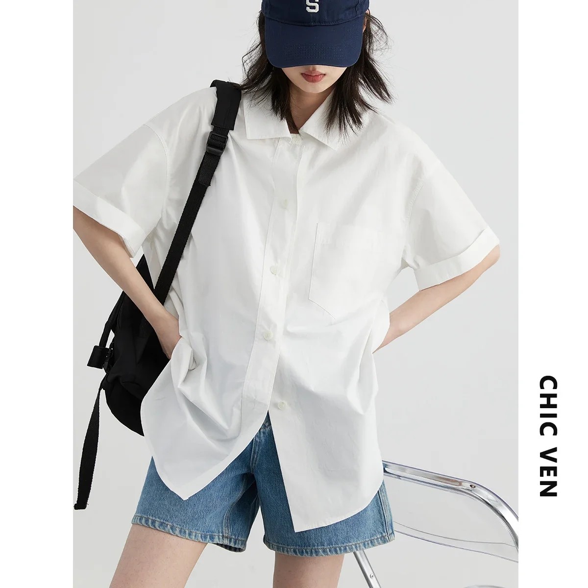 CHIC VEN Women T-Shirts New Casual Loose Short Sleeved Female Shirt Medium Length Women Blouses Summer 2024