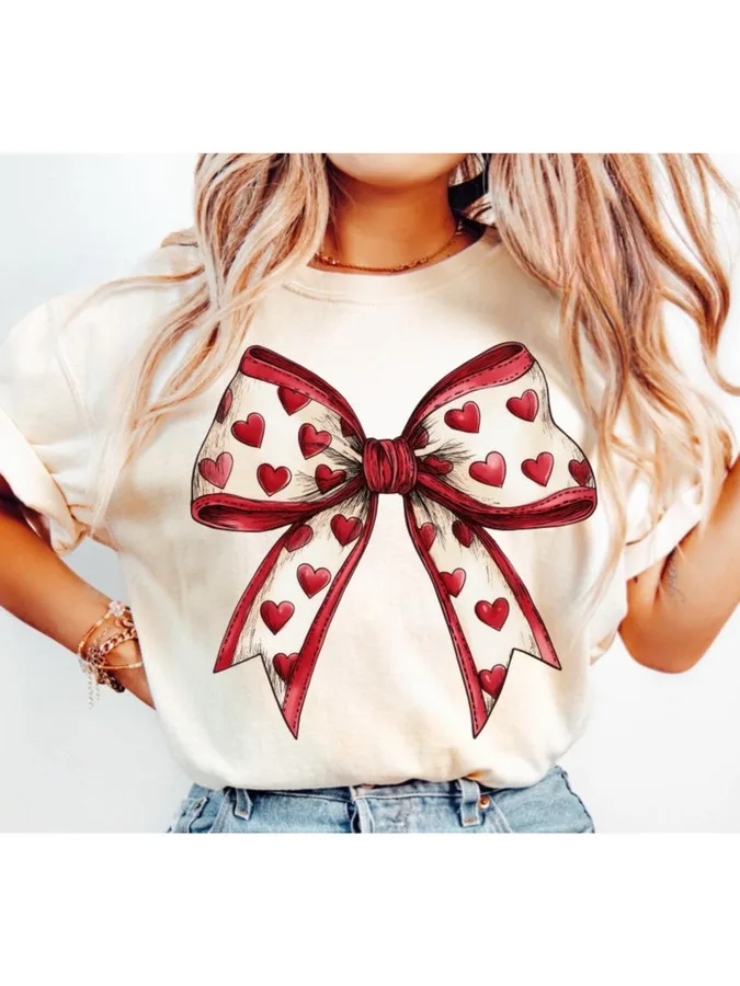 Coquette Red Heart Bow Print T Shirt Women Aesthetic Ribbon Graphic Tees Harajuku Casual Short Sleeve Beige Top Female Clothing
