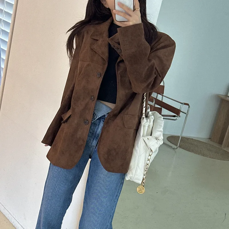 Autumn Sle Single-Button Leather Velvet Jaet Women's Hong Kong Retro Chic Loose Versatile High-End Trendy Top