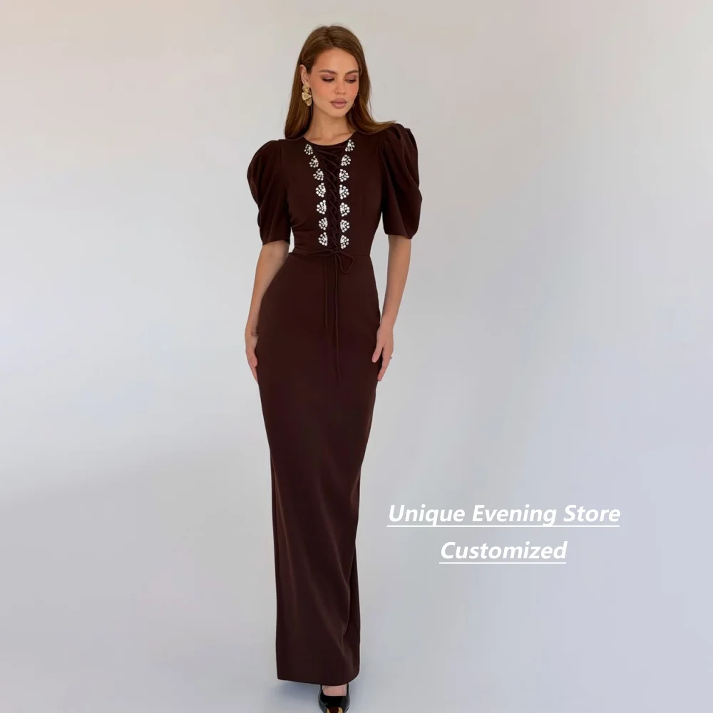Customized Burgundy Puff Short Sleeve Rhinestone Beading Lace Up Front Mermaid Evening Dress Prom Wedding Guest Banquet Party