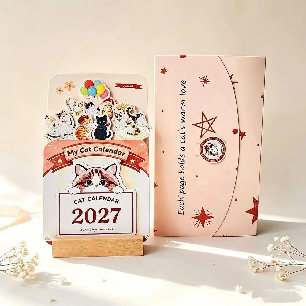 Paper 2027 Desk Calendar Floral Artwork Monthly Wooden Stand Calendar Wooden Base Wooden Table Calendar Home Office Decorative