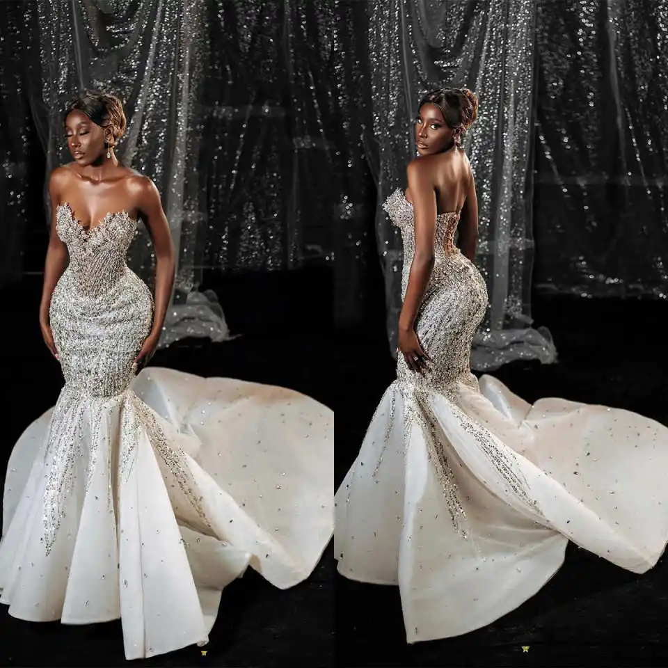 

Royal Strapless Crystal Mermaid Wedding Dress Glitter Sequined Sleeveless Bridal Gown Lace Up Back Bride Dresses Customized