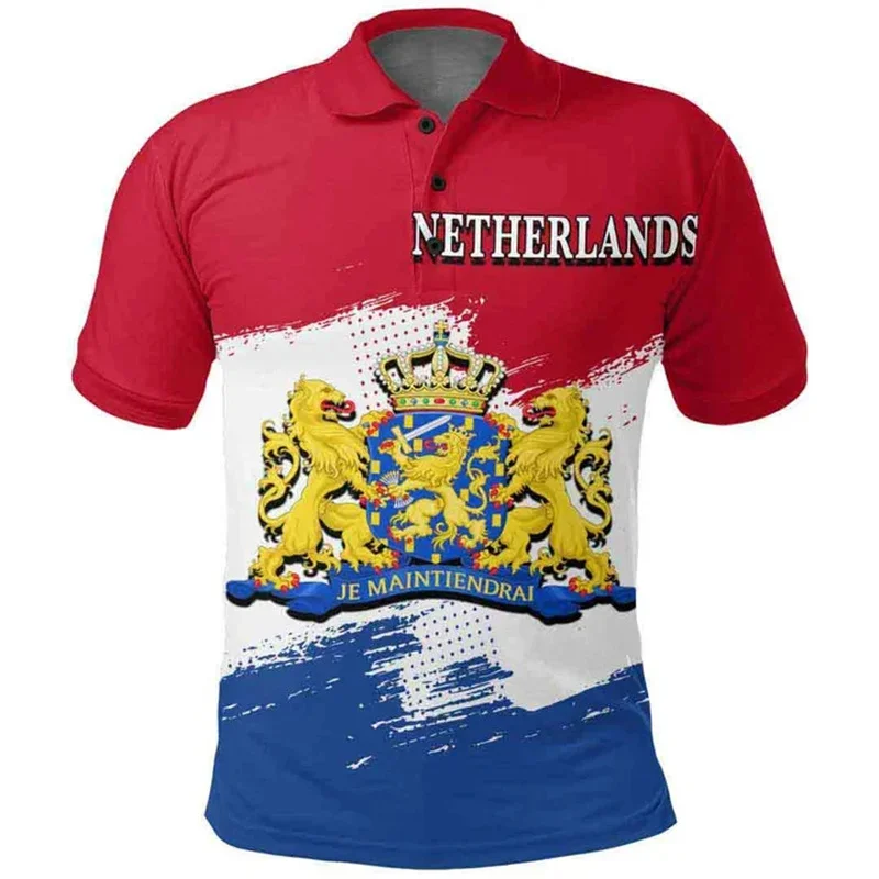 3D Print Netherlands Flag Polo Shirt For Men National Emblem Pattern T-Shirts Summer Casual Lapel Short Sleeve Tops Loose Shirts