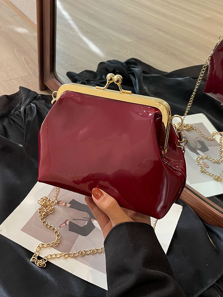 Women's Lacquer Leather Red Crossbody Bag New Spring Autumn Vintage Bag Fashion Texture Chain One Shoulder Solid Color Bag