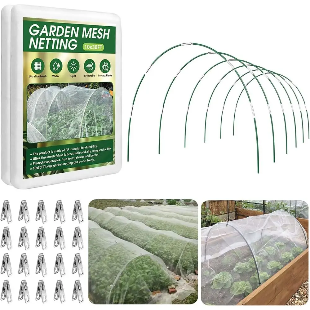 

Garden Netting Kit or Raised Beds, 10x30T Ultra ine Mesh Netting＆ 6 Sets o 8T iberglass Garden Hoops, Row Cover Insect Netting o