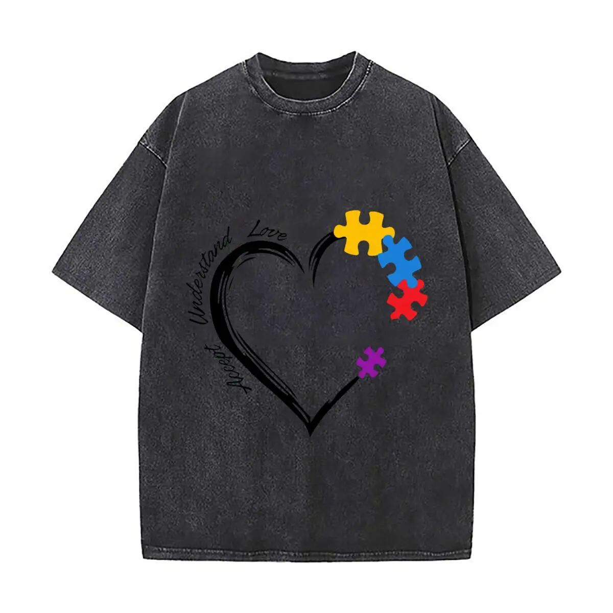 Accept Understand Love Autism Puzzle Heart Distressed Vintage Oversized Streetwear Tops for Coffee Dates