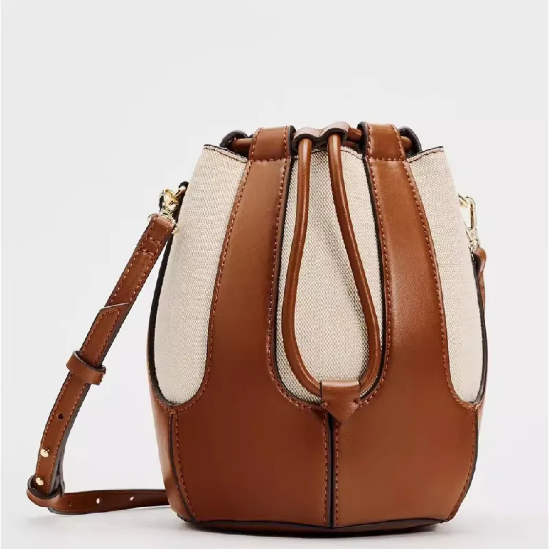 Women Shoulder Bags Cylinder PU Leather Bucket Ladies Crossbody Bag Casual Drawstring Handbags Purse for Travel Shopping