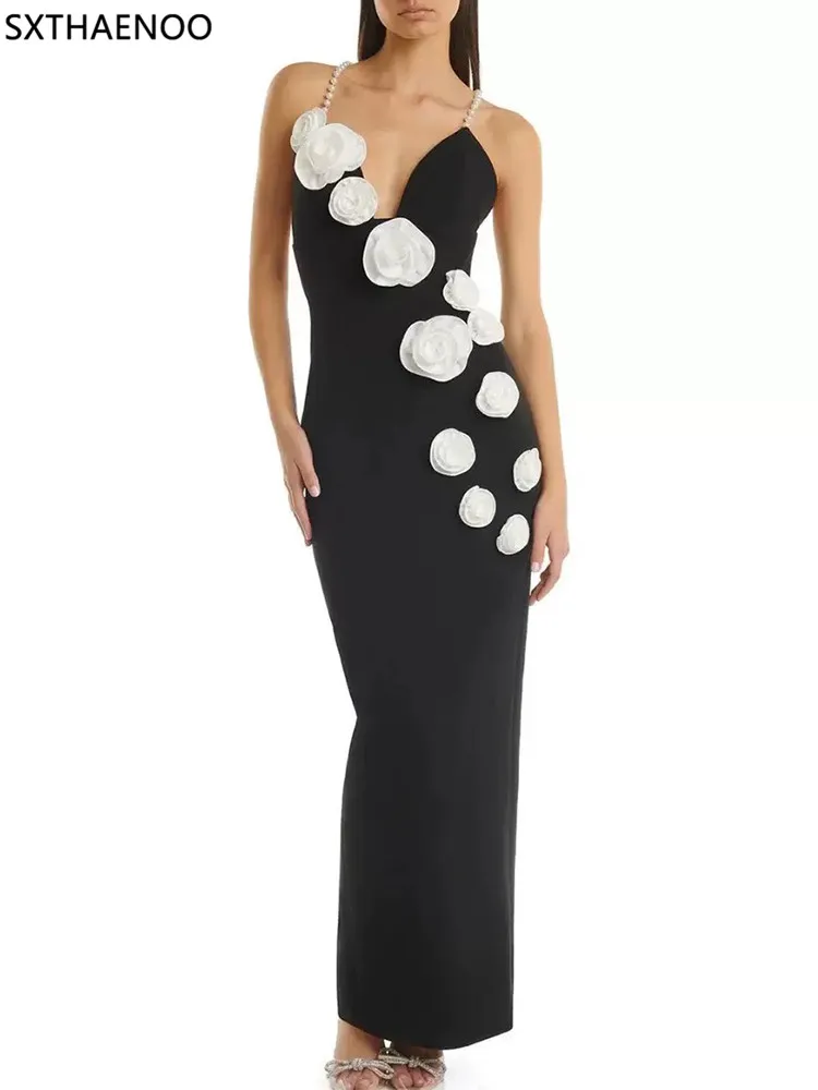

SXTHAENOO 2025 New Beading Spaghetti Strap Bandage Dress Fashion Flowers Bodycon Clothes Club Party Celebrity Dresses