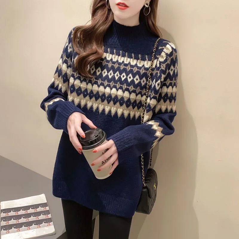 Autumn Fashion Korean Half High Neck Printed Small Loose Versatile Western Style Casual Women\'s Knitted Long Sleeve Sweater