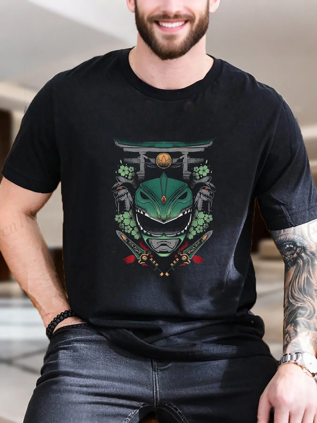 

New Arrival Fashion Men's Printed Short Sleeve T-Shirt Green Red Mask with Sword Design 100% Cotton Breathable Comfortable Casual