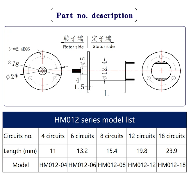 모자 슬립 링 AC 240V 300RPM OD12.4mm, 4~18선, 각선 2A, 권선 없이 전기화되는 360도 회전 조인트