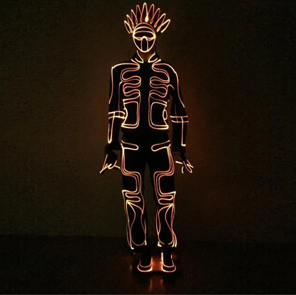 Led fibra óptica iluminar terno de corpo inteiro cosplay traje com capacete para homens rave festa edm festival dança wear