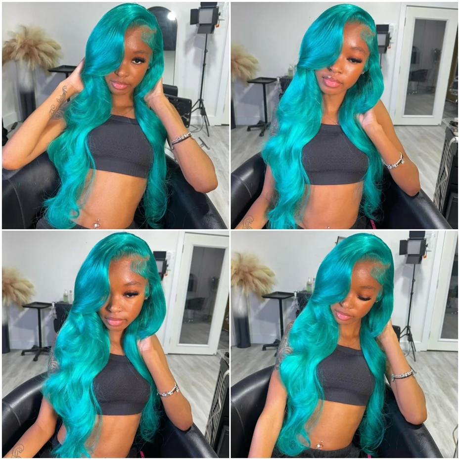 13x6 Teal Ocean Blue Lace Front Wig Human Hair Body Wave 613 Blonde Lace Frontal Wig Preplucked Mint Green Color Human Hair Wigs image 5