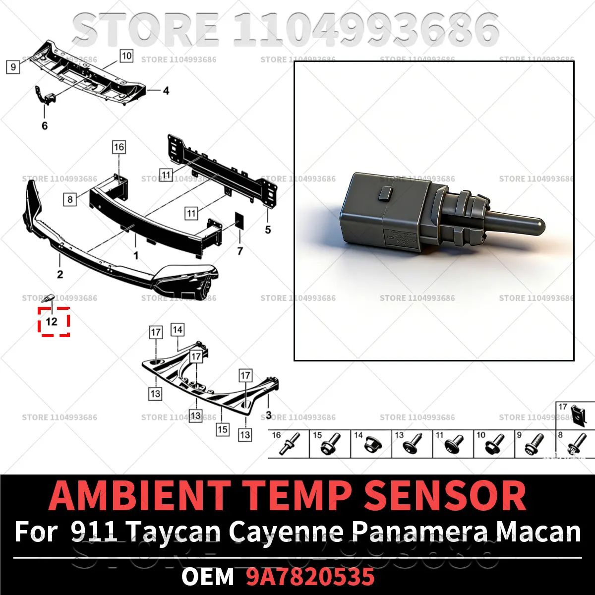 

For Porsche 911 (991 992) Taycan (9J1) Cayenne (9YA) Panamera (971 972) Macan (95B) AMBIENT TEMP SENSOR OEM 9A7820535 8Z0820535A