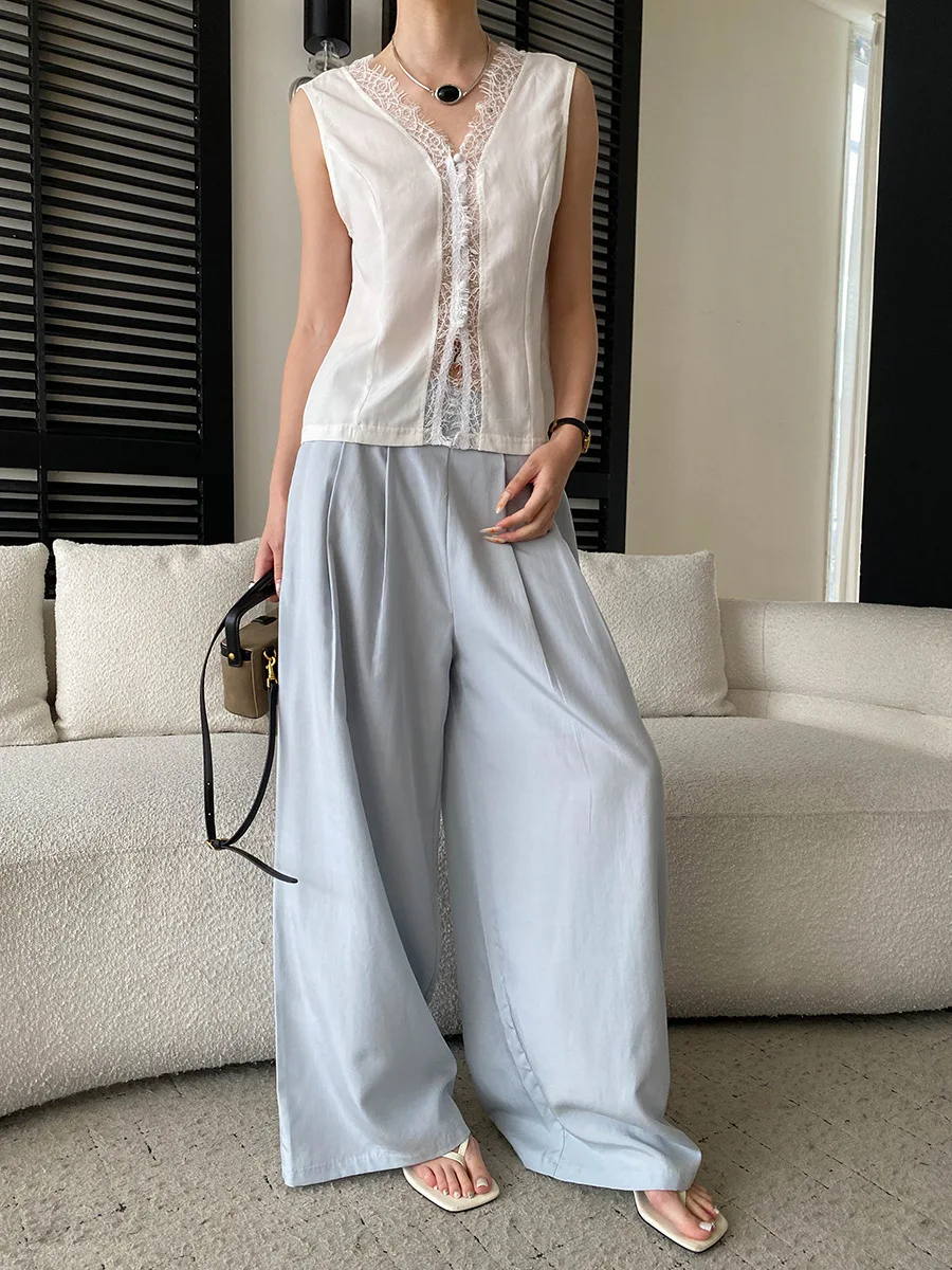 Sommerliche Damen-Freizeithose in Uni-Farbe, halb elastisch, hoher Bund, locker geschnitten, weites Bein – Detail 35