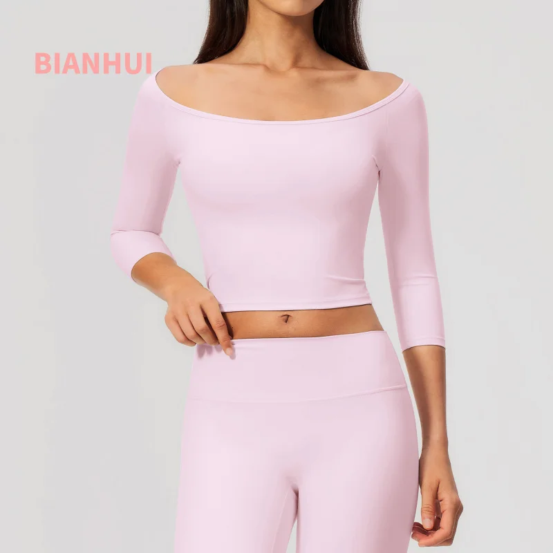 Compression Shirt Off Shoulder Long Sleeve Quick Dry Five Quarter Sleeve Gym Workout Shirts Pilates Sports Short Fitness Top