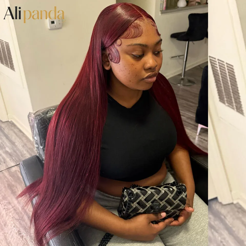 99J Burgundy Straight Human Hair Wigs 13X6 Hd Lace Frontal Wig Red Colored Pre plucked Brazilian Wigs Transparent Lace Front Wig 200 density