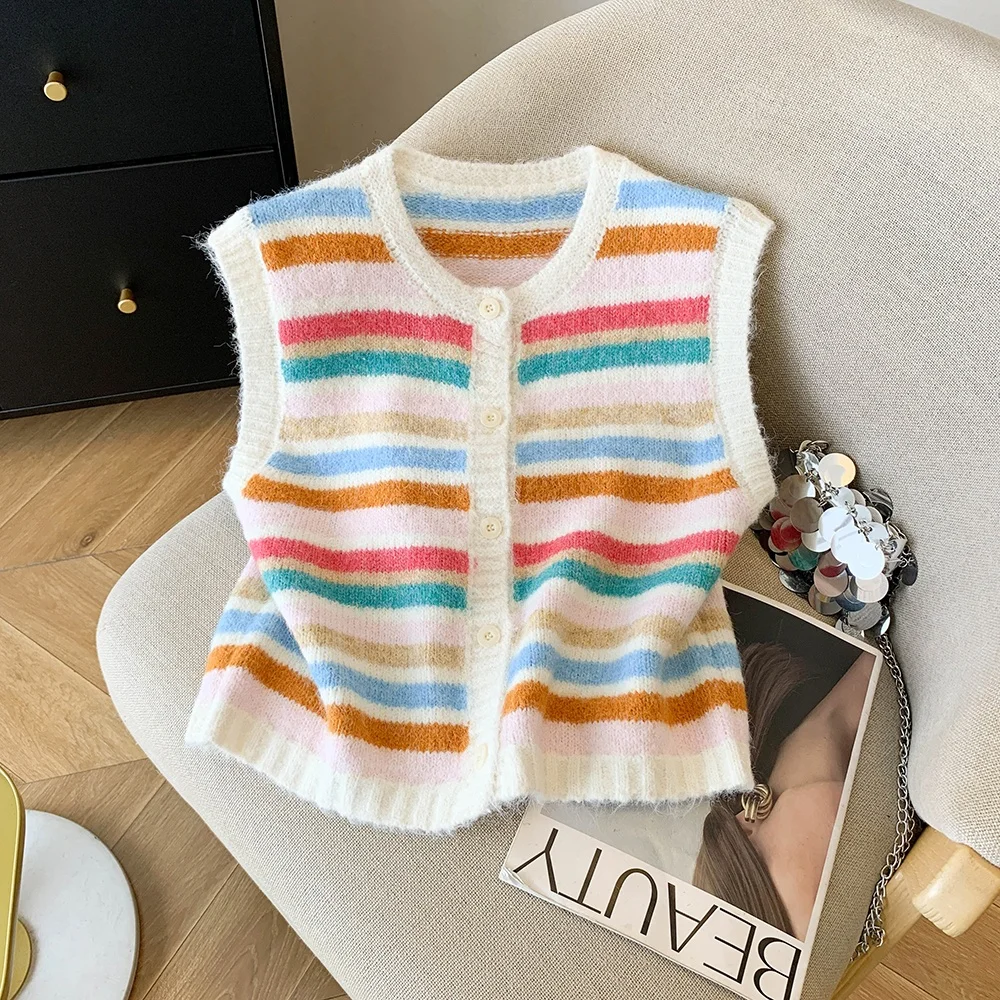 

Striped Knitted Vest Women's Base Layer Tank Top Svel Wide oulder Strap Commute Sle Loose Fit Polyester Fiber