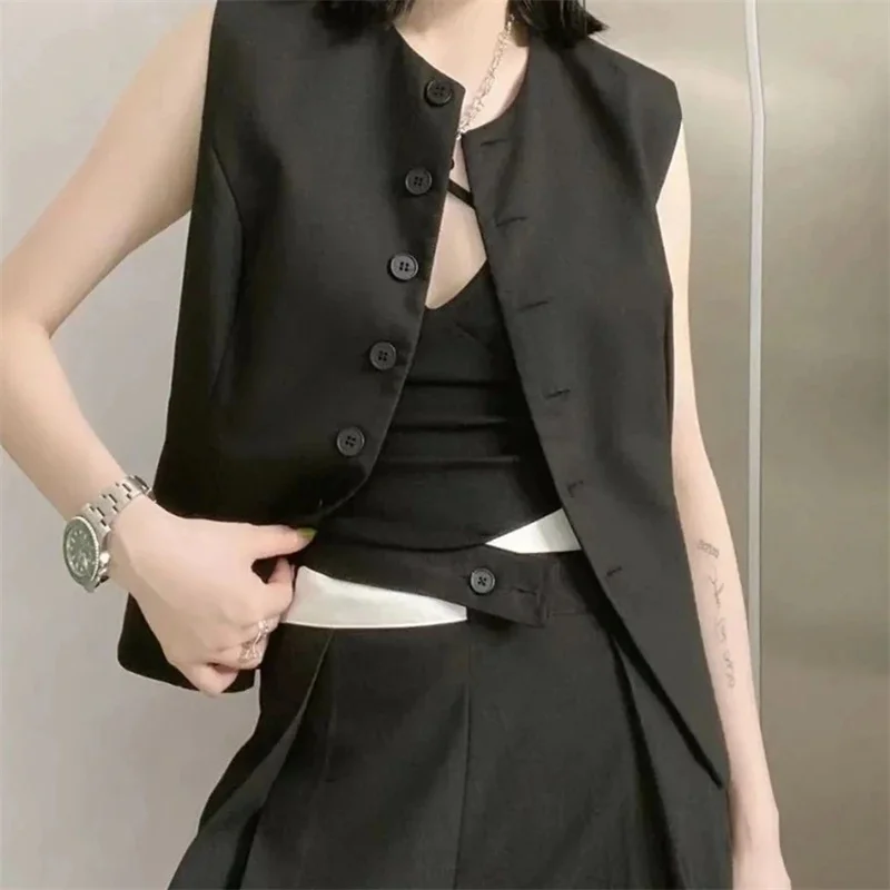 O-Neck Blazer Vest Women Waistcoat Spring Autumn High End Casual Lined Sleeveless Short Jacket Korean Buttons Silm Women\'s Vests