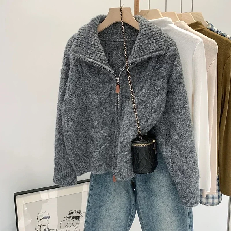 

Women Autumn Winter New Lazy Style Loose Knitted Cardigan Retro Solid Color Double Zipper Turn-down Collar Sweater New Women Top