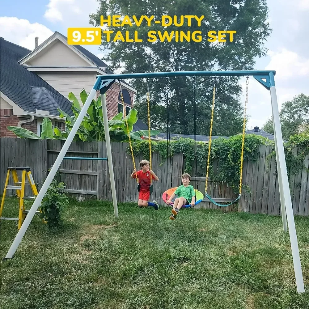 9.5' Heavy Duty Tall Swing Sets for Backyard for Kids and Adults with Saucer Swing, 2 Belt Swings Patio Swings Playhouses