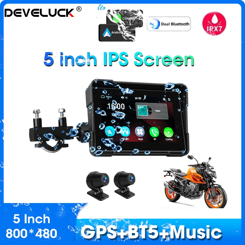 5 inch Portable Motorcycle DVR  IPX7 Waterproof Monitor Wireless Apple Carplay Android Auto LCD Display GPS Navigation BT5