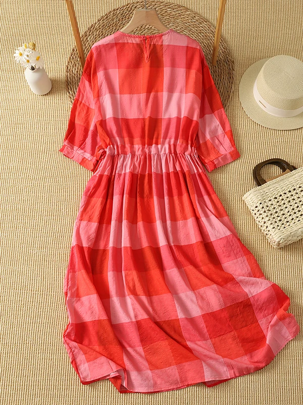 Retro Red And Pink Color Block Large Plaid round Neck Dress Women's Summer New Fashion Drawstring Waist Midi Skirt Dress