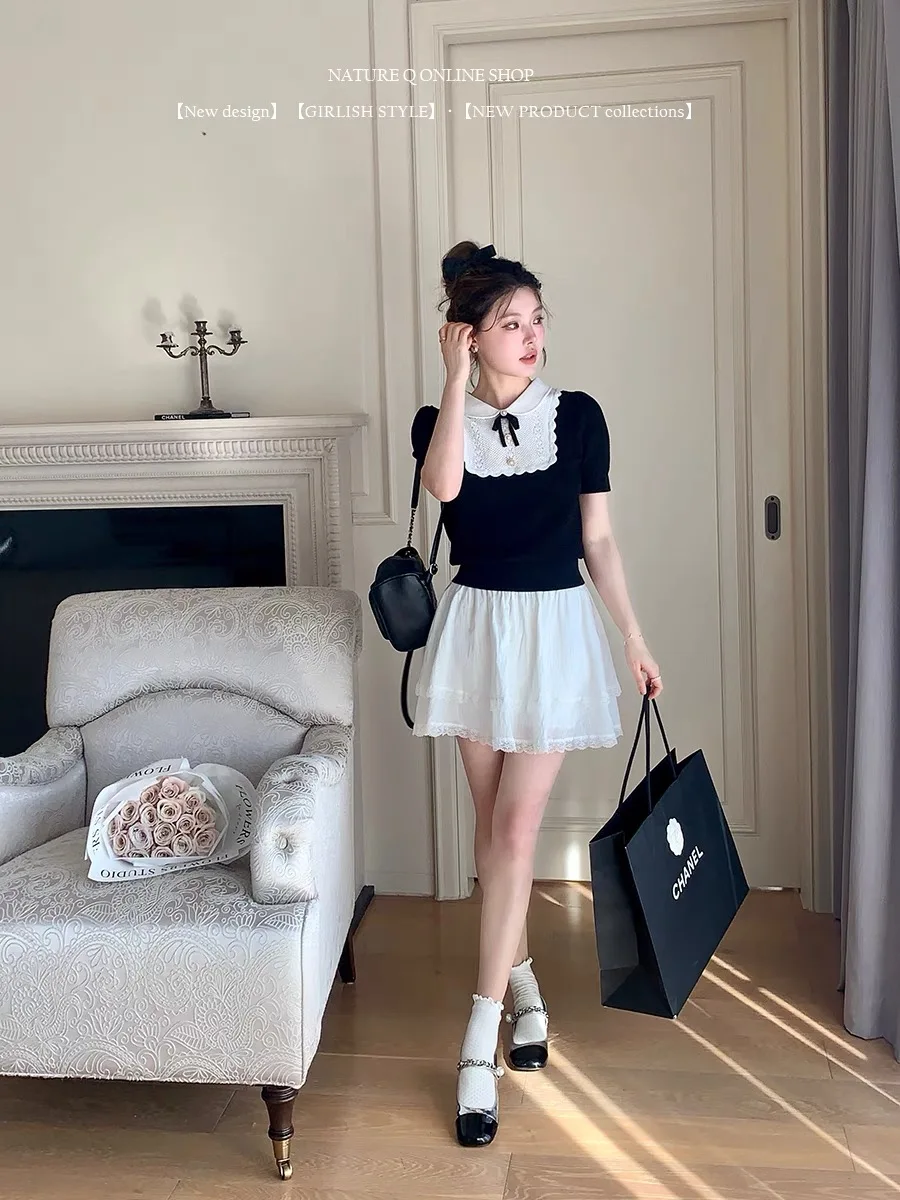 Summer Vintage Bow Sweater For Women Knitted Tshirt Tops Short Sleeve Color-blocked Elegant Stylish Chic Ladies Tees Jumper 2024